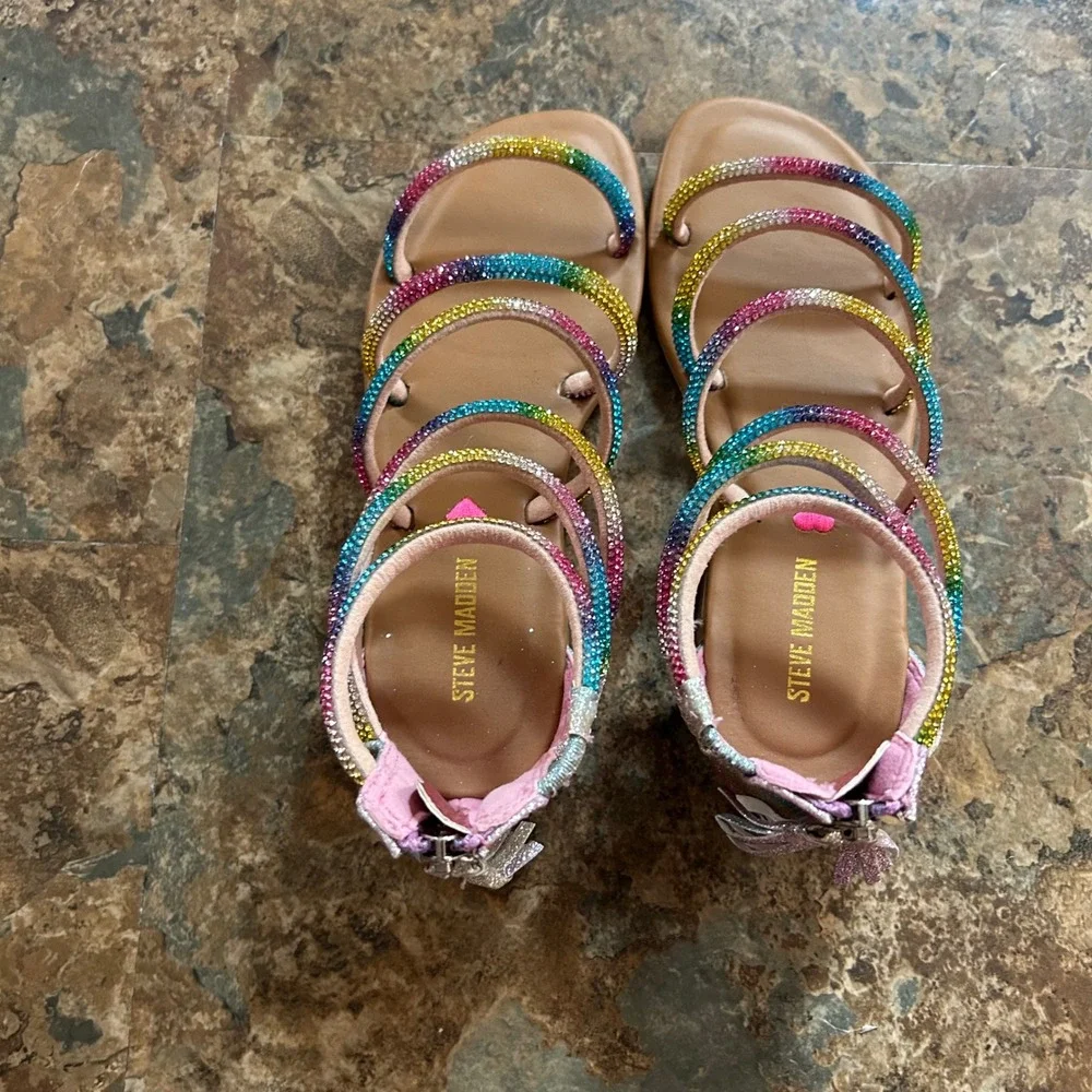 Steve Madden Sandals Girls Size 2 Rainbow Sparkly Open Toe Shoes Tassel